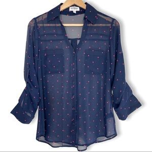 Express Portofino Shirt Semi Sheer Navy Heart Print Button Down